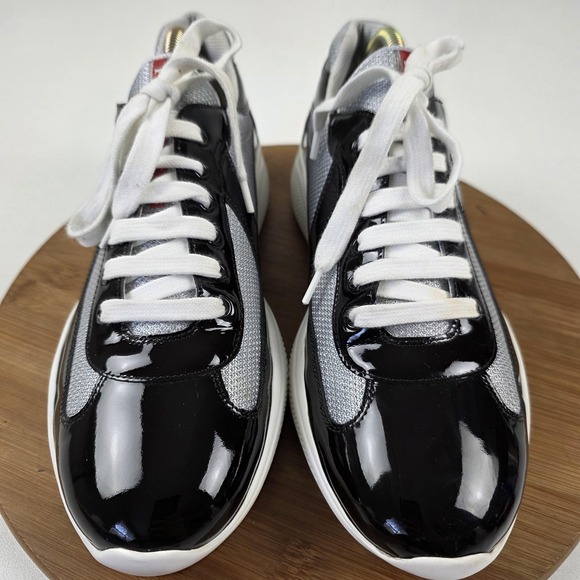 Prada Shoes Mens Size 8 Black Gray Patent Leather Low Top Sneakers Italy - Picture 5 of 16